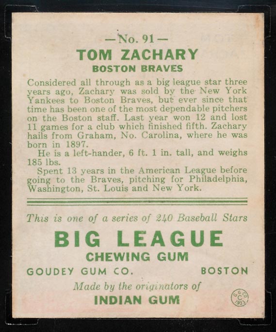 1933 Goudey #91 Tom Zachary Boston Braves - Back