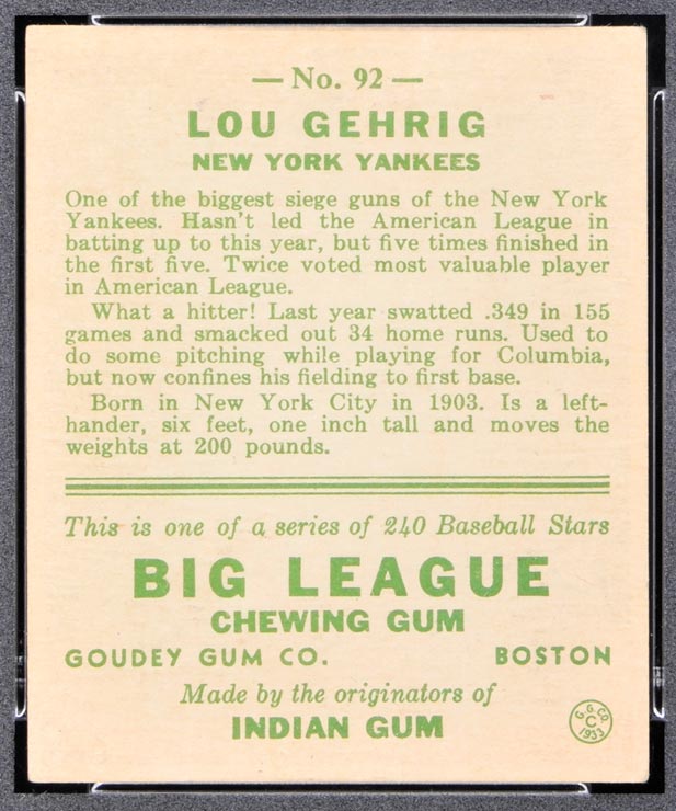 1933 Goudey #92 Lou Gehrig New York Yankees - Back