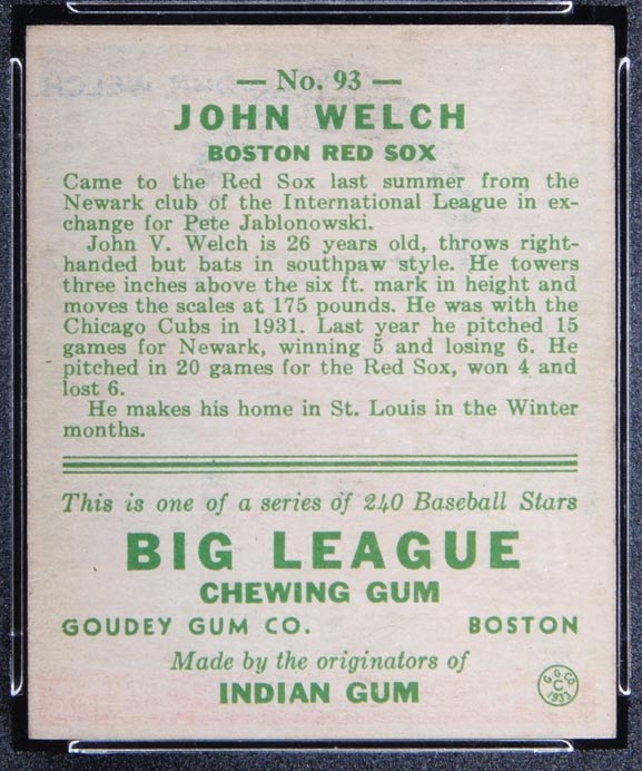 1933 Goudey #93 John Welch Boston Red Sox - Back