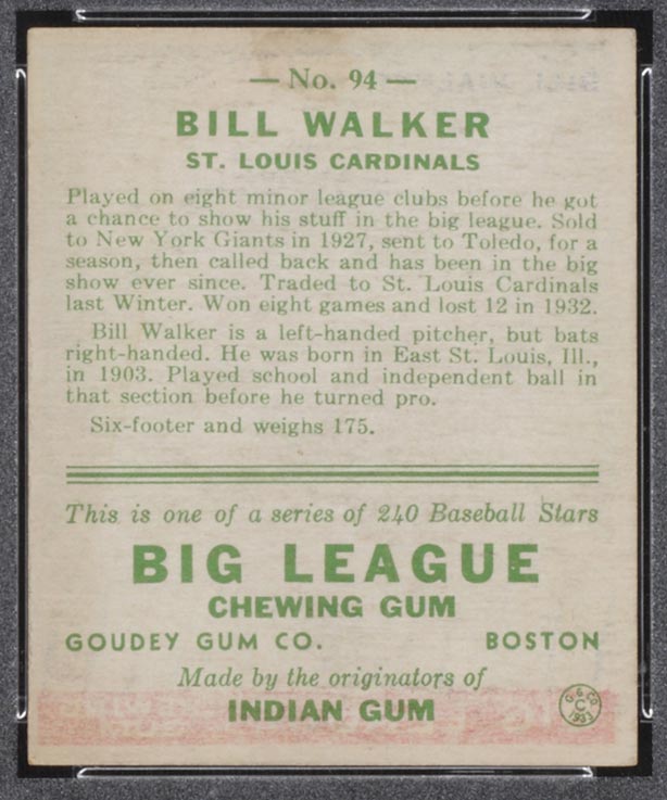 1933 Goudey #94 Bill Walker St. Louis Cardinals - Back