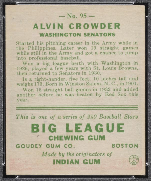 1933 Goudey #95 Alvin Crowder Washington Senators - Back