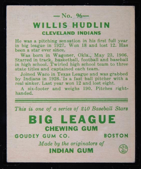 1933 Goudey #96 Willis Hudlin Cleveland Indians - Back