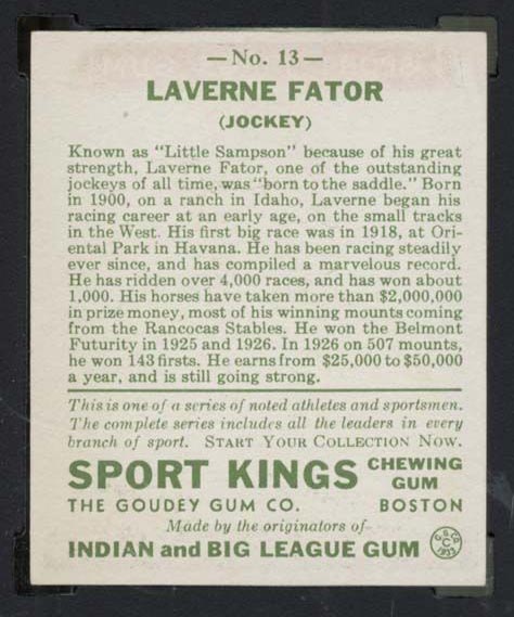1933 Goudey Sport Kings #13 Laverne Fator Jockey - Back