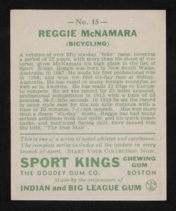 1933 Goudey Sport Kings #15 Reggie McNamara Bicycling - Back