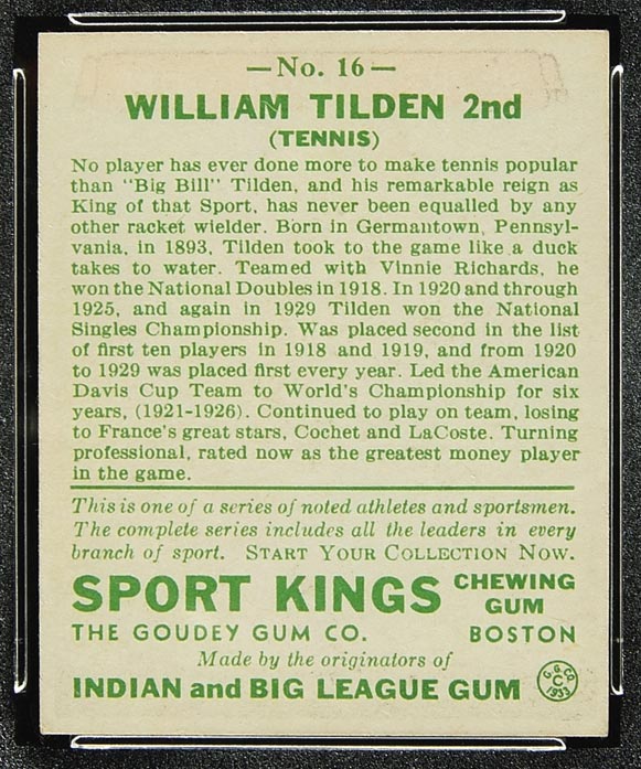 1933 Goudey Sport Kings #16 William Tilden Tennis - Back