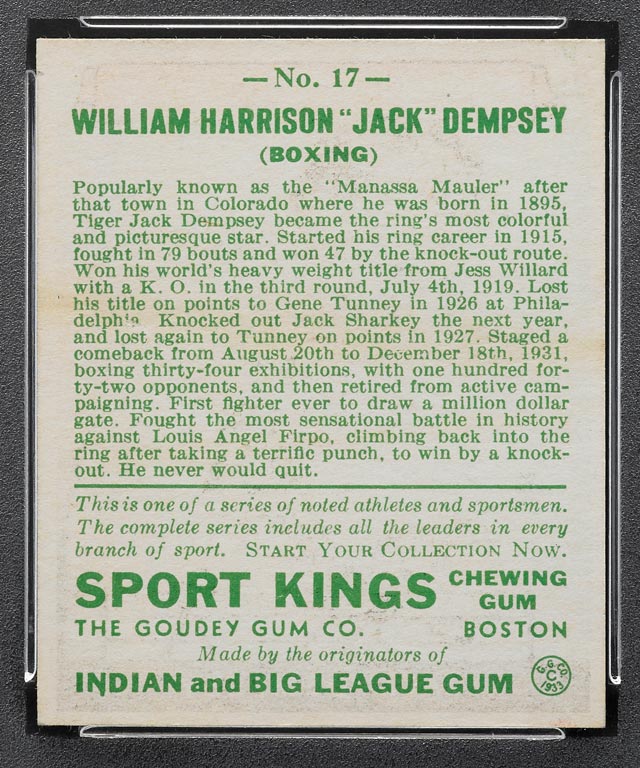 1933 Goudey Sport Kings #17 Jack Dempsey Boxing - Back
