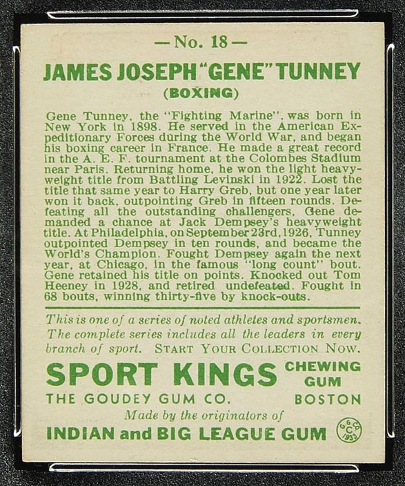 1933 Goudey Sport Kings #18 Gene Tunney Boxing - Back