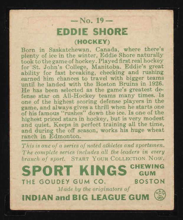 1933 Goudey Sport Kings #19 Eddie Shore Hockey - Back