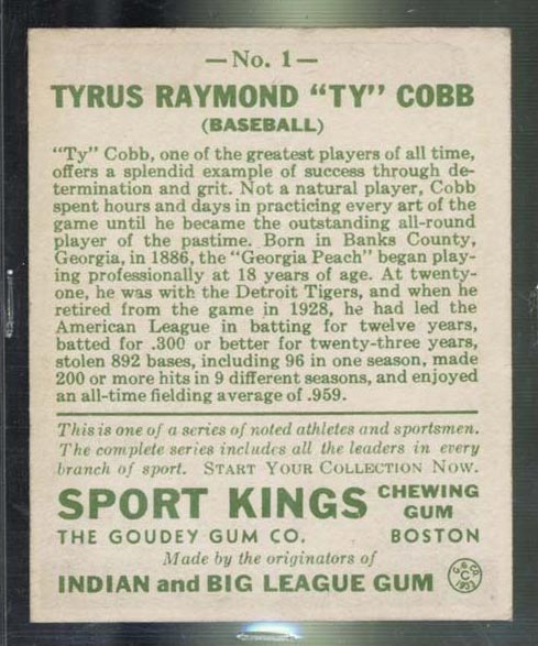 1933 Goudey Sport Kings #1 Ty Cobb Baseball - Back