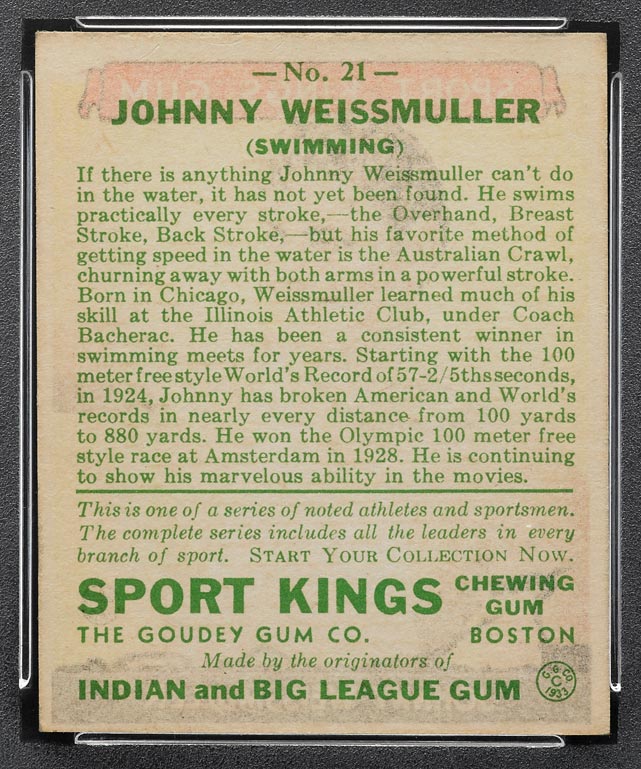 1933 Goudey Sport Kings #21 Johnny Weissmuller Swimming - Back
