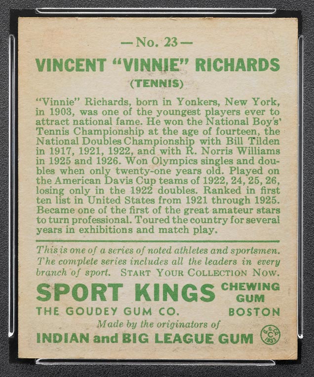 1933 Goudey Sport Kings #23 Vincent Richards Tennis - Back