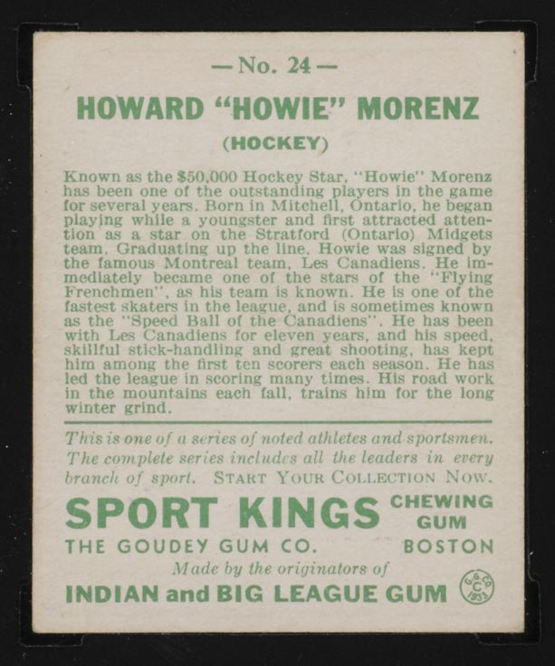 1933 Goudey Sport Kings #24 Howie Morenz Hockey - Back