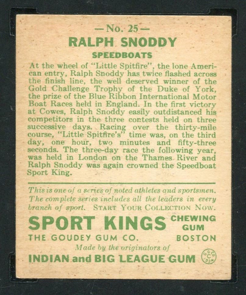 1933 Goudey Sport Kings #25 Ralph Snoddy Speedboats - Back