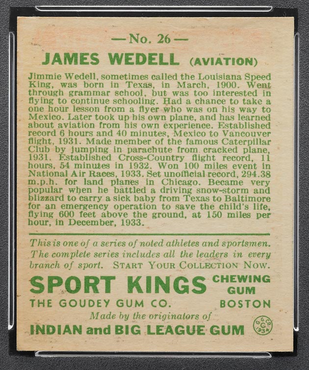 1933 Goudey Sport Kings #26 James Wedell Aviation - Back