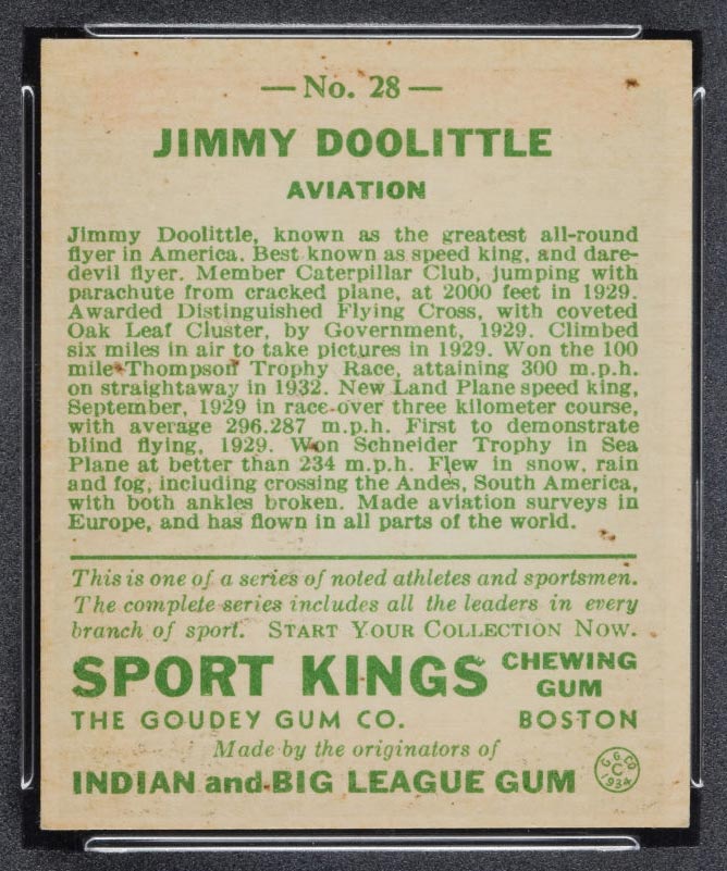 1933 Goudey Sport Kings #28 Jimmy Doolittle Aviation - Back