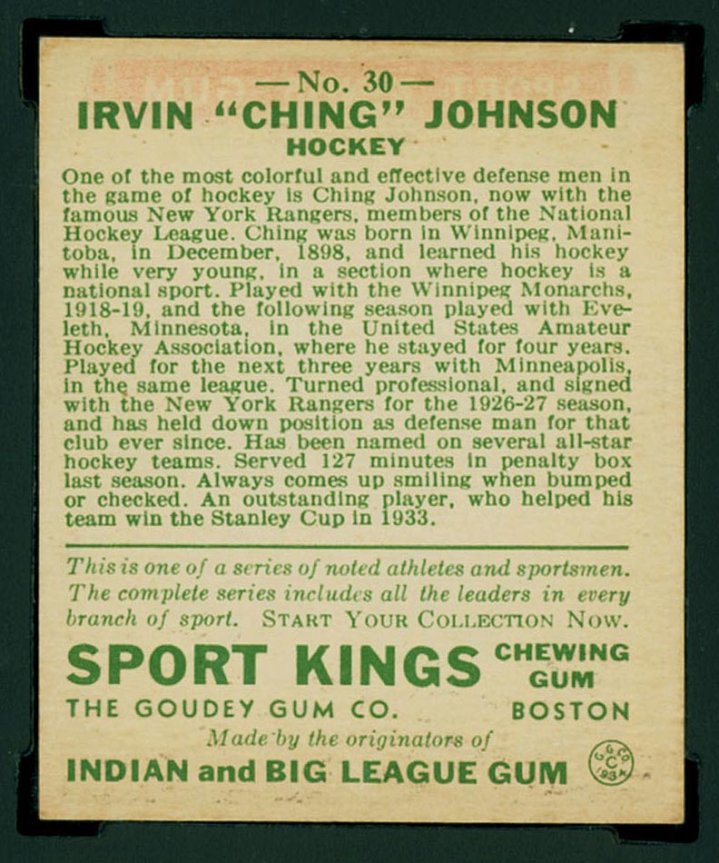 1933 Goudey Sport Kings #30 Irvin “Ching” Johnson Hockey - Back