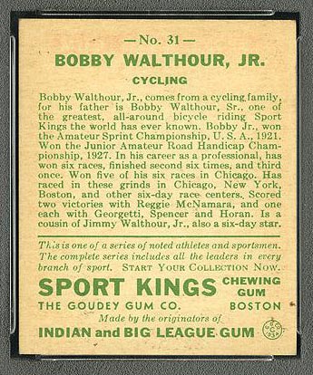 1933 Goudey Sport Kings #31 Bobby Walthour, Jr. Bicycling - Back