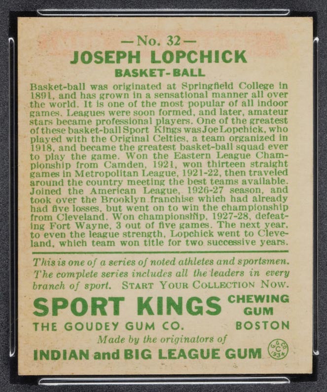 1933 Goudey Sport Kings #32 Joe Lopchick Basketball - Back