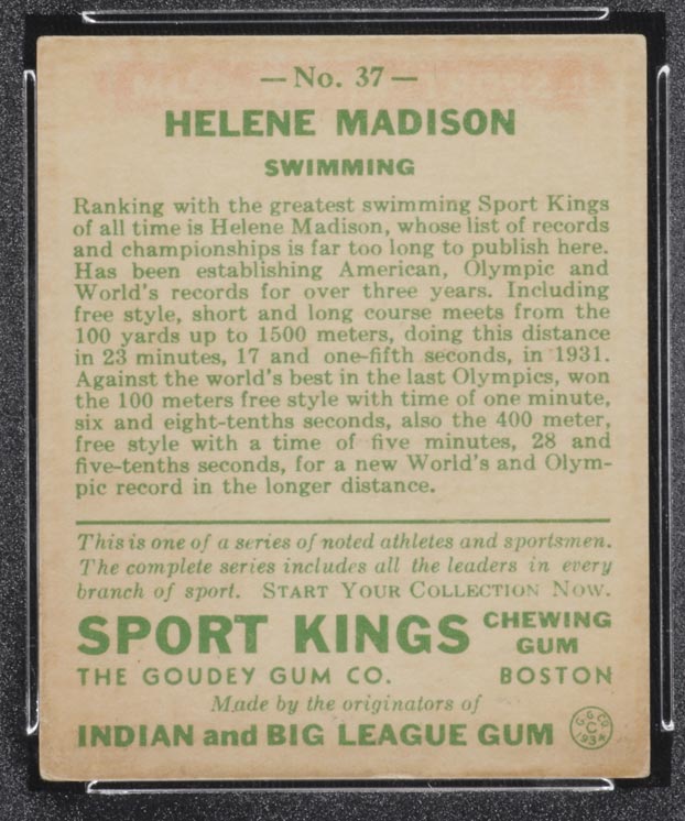 1933 Goudey Sport Kings #37 Helene Madison Swimming - Back