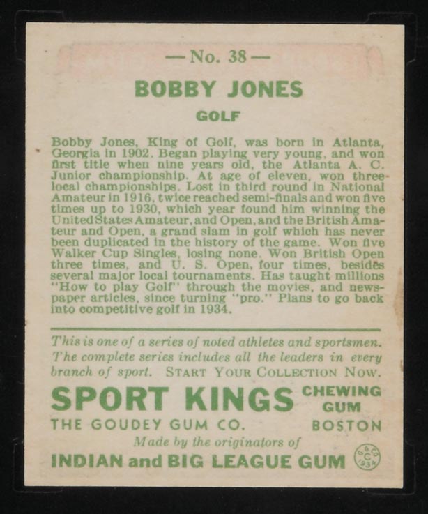 1933 Goudey Sport Kings #38 Bobby Jones Golf - Back