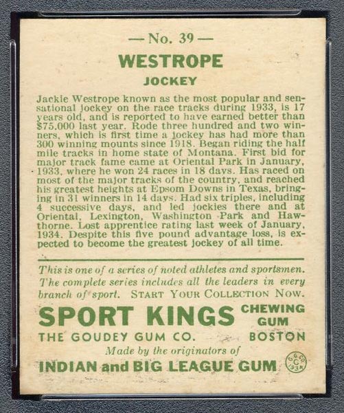 1933 Goudey Sport Kings #39 Jack Westrope Jockey - Back