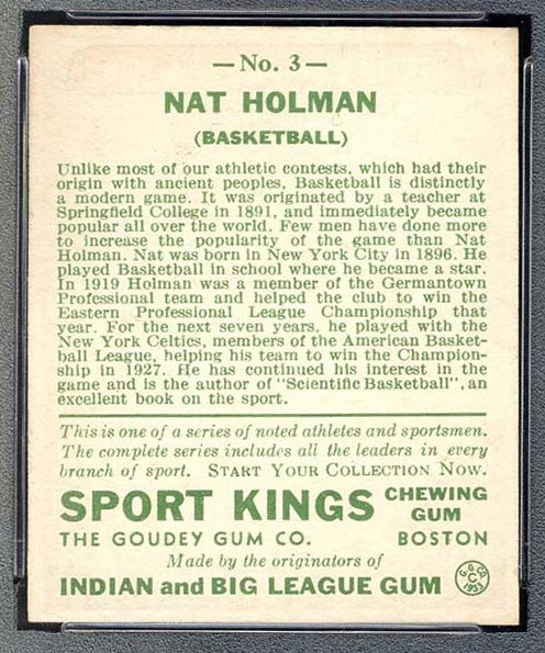 1933 Goudey Sport Kings #3 Nat Holman Basketball - Back