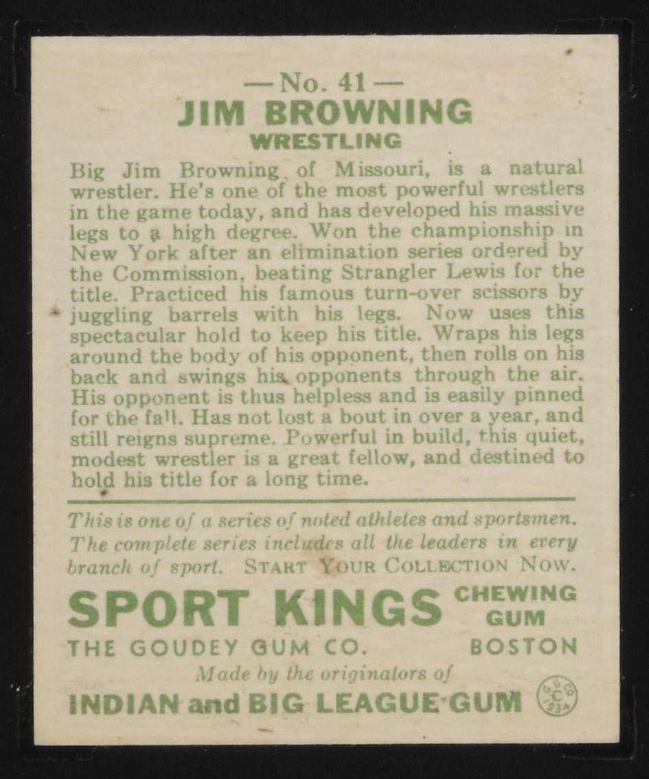 1933 Goudey Sport Kings #41 Jim Browning Wrestling - Back