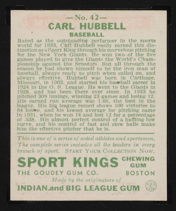 1933 Goudey Sport Kings #42 Carl Hubbell Baseball - Back