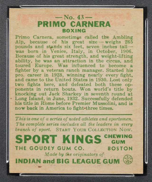 1933 Goudey Sport Kings #43 Primo Carnera Boxing - Back