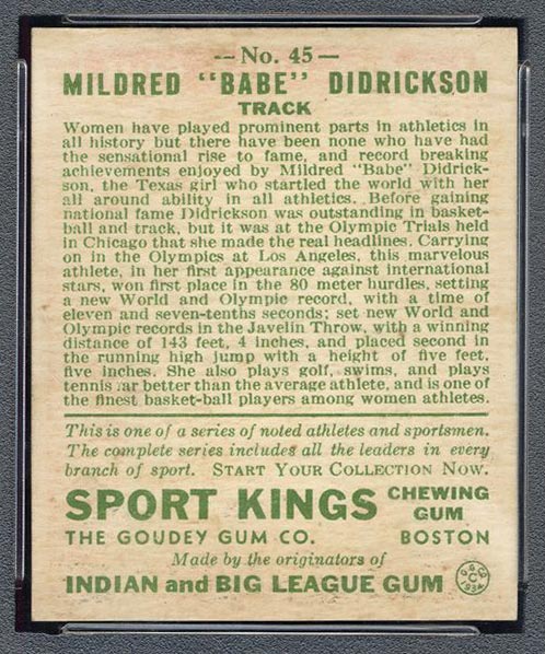 1933 Goudey Sport Kings #45 “Babe” Didrickson Track - Back