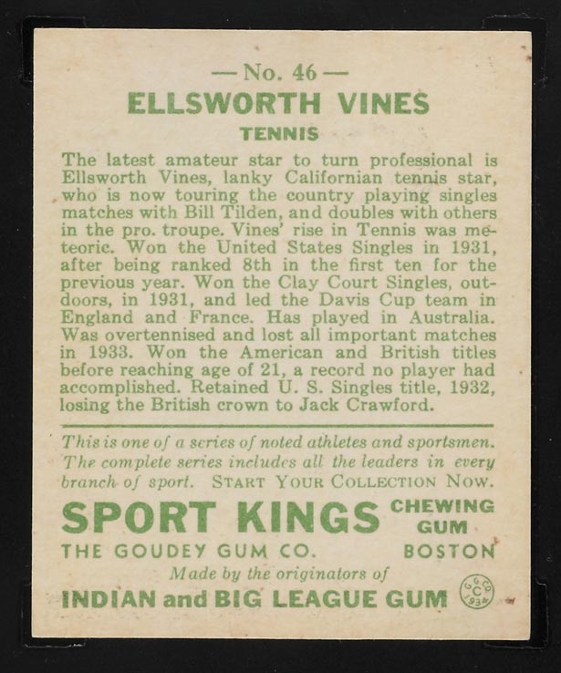 1933 Goudey Sport Kings #46 Ellsworth Vines Tennis - Back