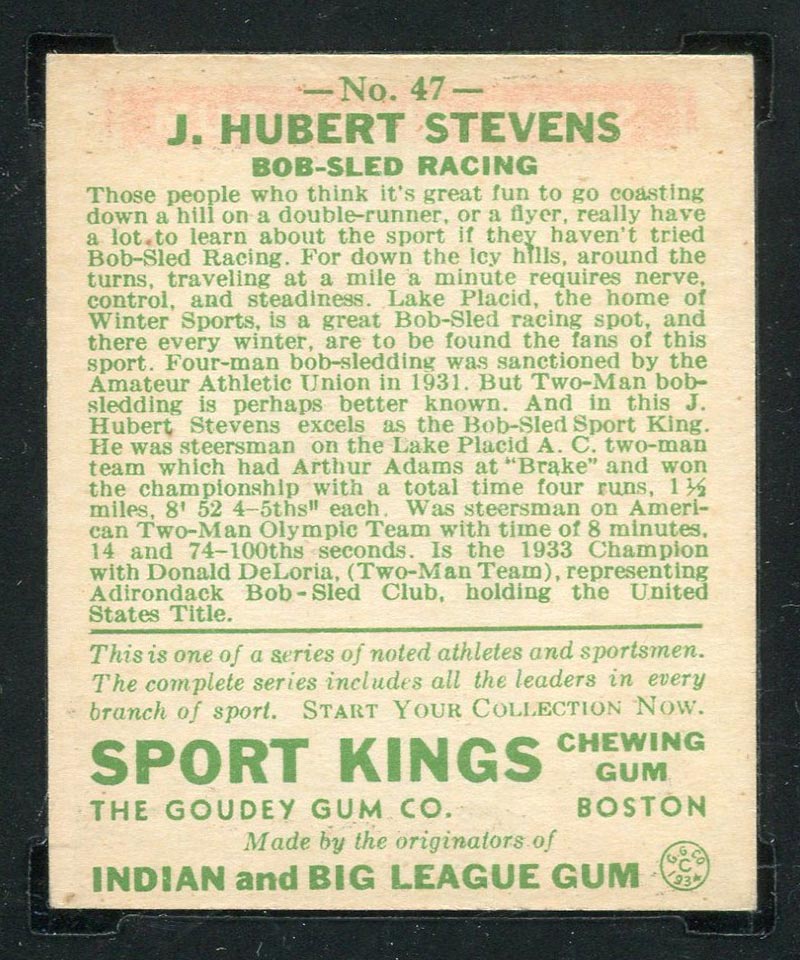 1933 Goudey Sport Kings #47 J.H. Stevens Bobsled Racing - Back