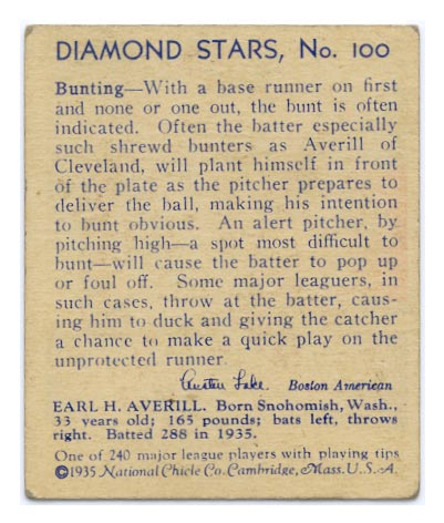 1934-1936 R327 Diamond Stars #100 Earle (Earl) Averill (1936) Cleveland Indians - Back