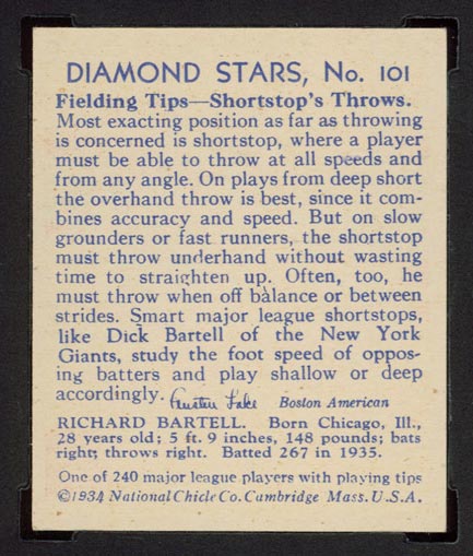 1934-1936 R327 Diamond Stars #101 Dick Bartell (1936) New York Giants - Back