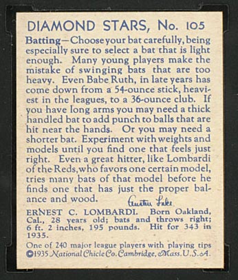 1934-1936 R327 Diamond Stars #105 Ernie Lombardi (1936) Cincinnati Reds - Back