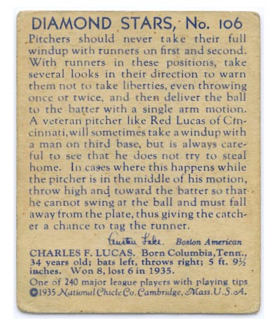 1934-1936 R327 Diamond Stars #106 “Red” Lucas (1936) Cincinnati Reds - Back