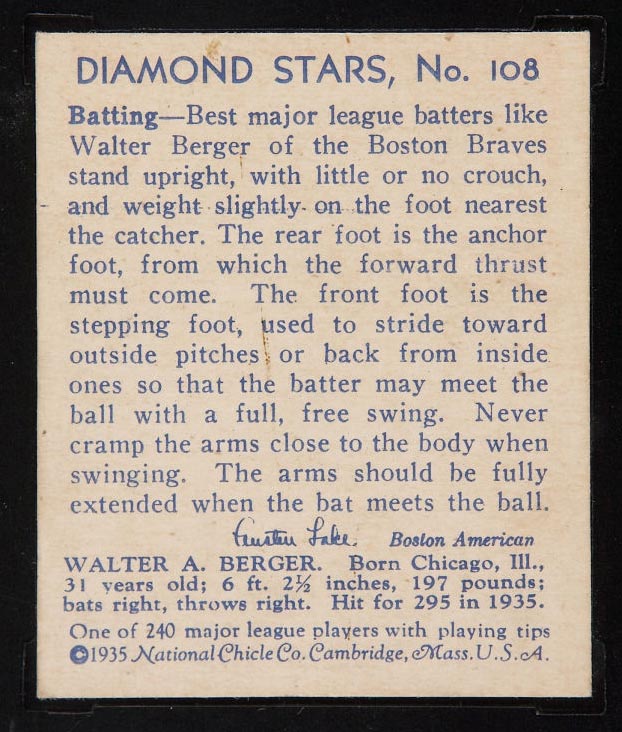 1934-1936 R327 Diamond Stars #108 Walter Berger (1936) Boston Braves - Back