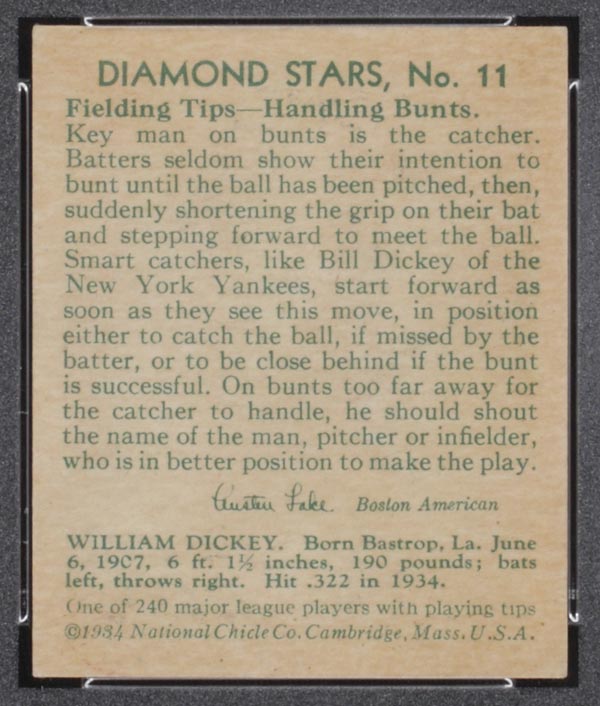 1934-1936 R327 Diamond Stars #11 Bill Dickey (1935) New York Yankees - Back