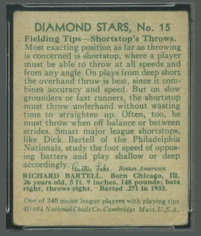 1934-1936 R327 Diamond Stars #15 Dick Bartell (1934) Philadelphia Phillies - Back