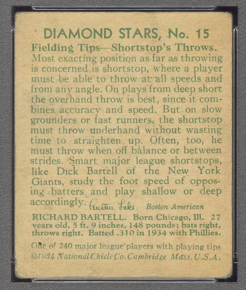 1934-1936 R327 Diamond Stars #15 Dick Bartell (1935) Philadelphia Phillies - Back