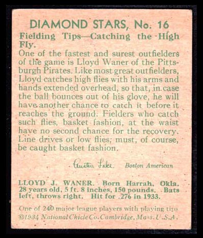 1934-1936 R327 Diamond Stars #16 Lloyd Waner (1934) Pittsburgh Pirates - Back