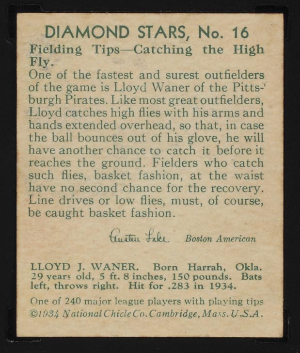 1934-1936 R327 Diamond Stars #16 Lloyd Waner (1935) Pittsburgh Pirates - Back