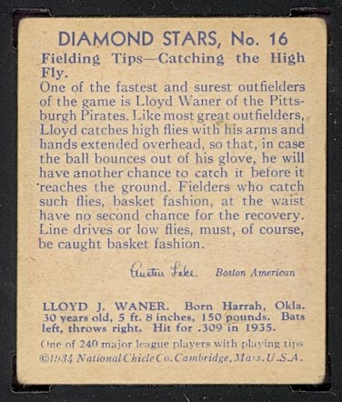 1934-1936 R327 Diamond Stars #16 Lloyd Waner (1936) Pittsburgh Pirates - Back