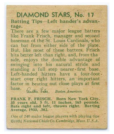 1934-1936 R327 Diamond Stars #17 Frankie Frisch (1934) St. Louis Cardinals - Back