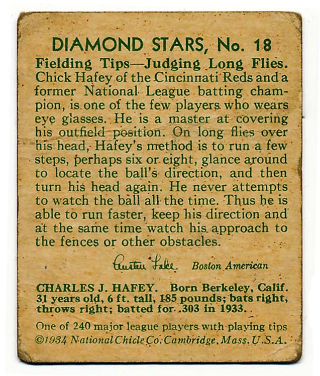 1934-1936 R327 Diamond Stars #18 “Chick” Hafey (1934) Cincinnati Reds - Back