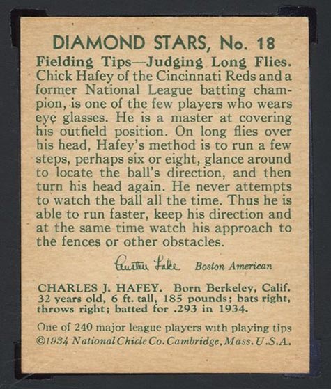 1934-1936 R327 Diamond Stars #18 “Chick” Hafey (1935) Cincinnati Reds - Back