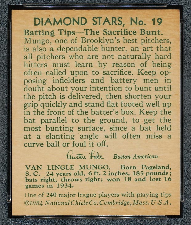 1934-1936 R327 Diamond Stars #19 Van Lingle Mungo (1935) Brooklyn Dodgers - Back