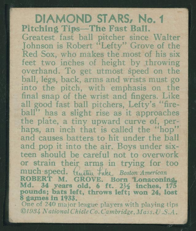 1934-1936 R327 Diamond Stars #1 “Lefty” Grove (1934) Boston Red Sox - Back