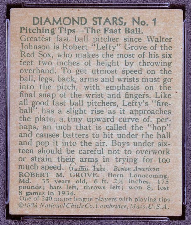 1934-1936 R327 Diamond Stars #1 “Lefty” Grove (1935) Boston Red Sox - Back