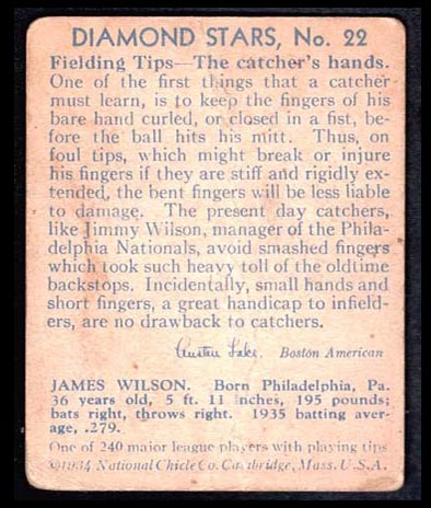 1934-1936 R327 Diamond Stars #22 Jimmy Wilson (1936) Philadelphia Phillies - Back